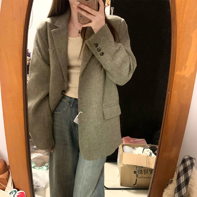 Japanese retro woolen suit coat, autumn and winter Korean high-end loose short suit top for women