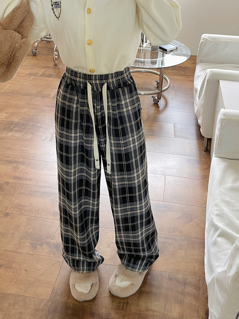 實拍 原版 抽繩格子休閒褲女復古垂感寬鬆高腰直筒闊腿褲