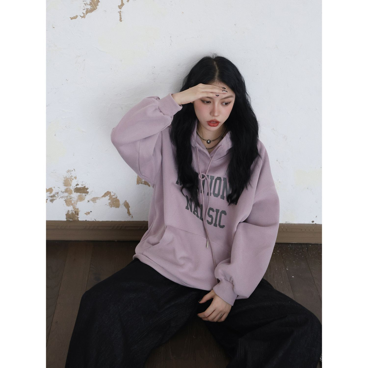純棉華棉複合粉紫色顯白寬鬆衛衣女秋冬新上衣