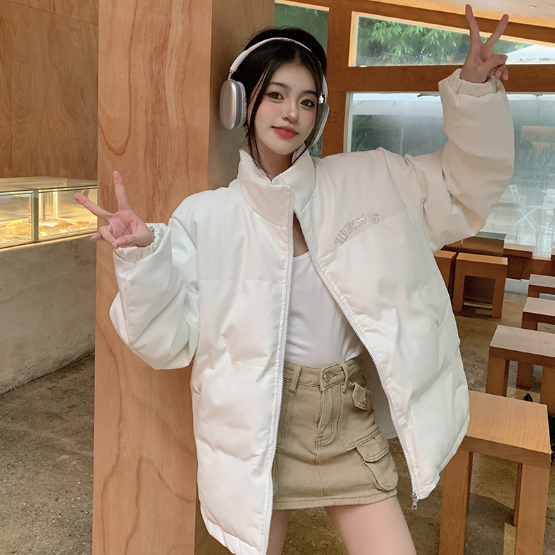 實拍~棉衣棉服冬季新款白色麵包服復古PU皮短款棉襖加厚外套
