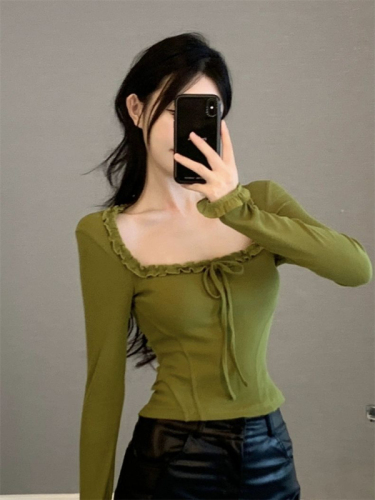 Lace-up square neck long-sleeved T-shirt for women autumn waist slim-fit short bottoming shirt pure desire