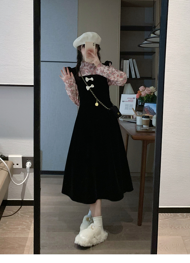 秋冬新款洋氣花色休閒百搭打底衫女中長款絲絨吊帶連衣裙時尚減齡