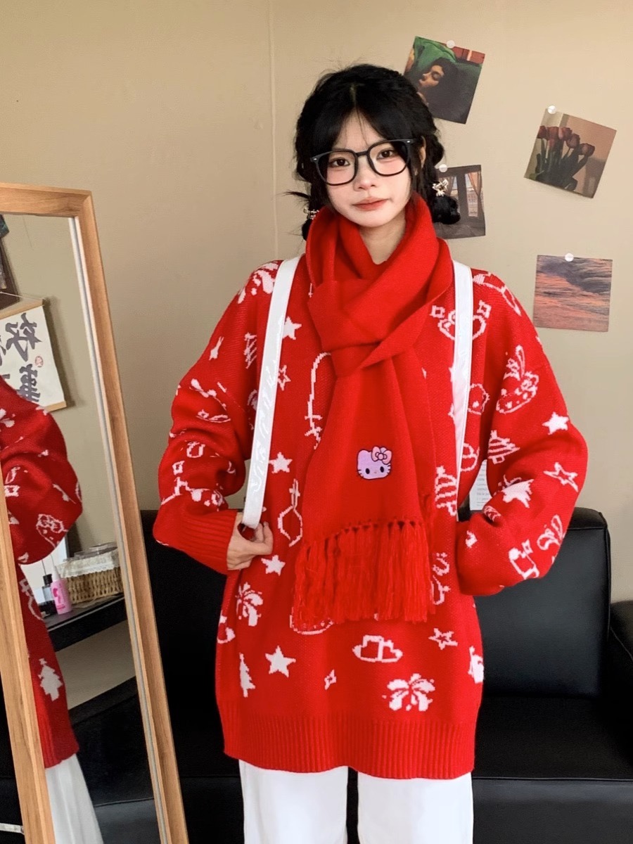 慵懶風卡通凱蒂貓圓領毛衣女秋冬新款寬鬆百搭中長款針織外穿上衣