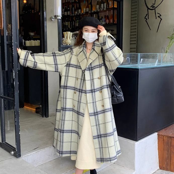 Korean style plaid woolen coat for women 2023 autumn and winter new fashion temperament high-end loose woolen coat