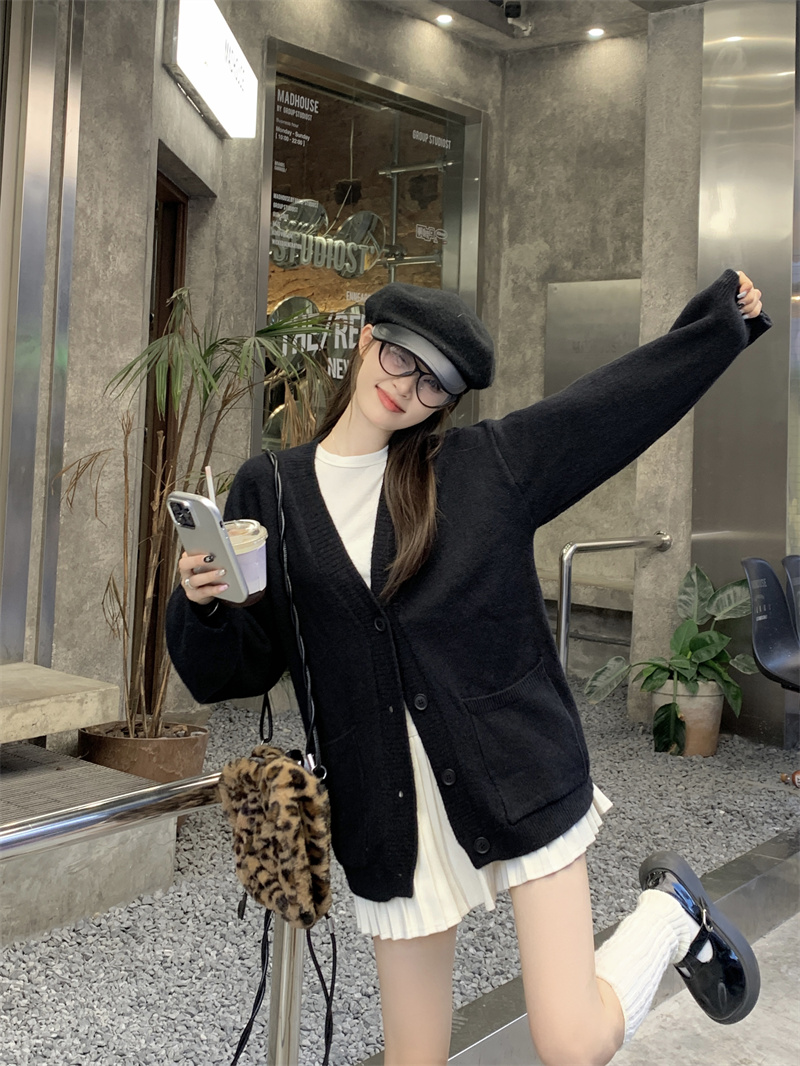 實拍 秋冬V領復古針織開衫毛衣外套寬鬆慵懶風上衣女