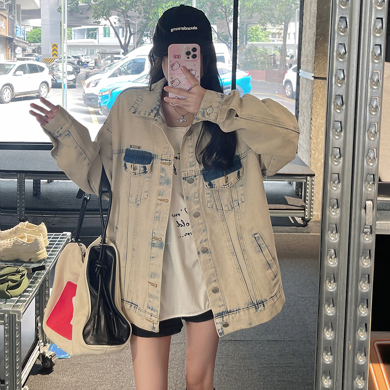實拍！潮牌水洗米杏色牛仔外套女寬鬆翻領情侶夾克休閒春秋款
