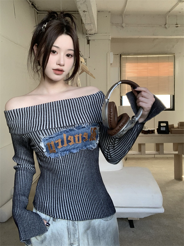 實拍美式復古辣妹一字肩性感露肩針織衫秋冬設計感別致絕美內
