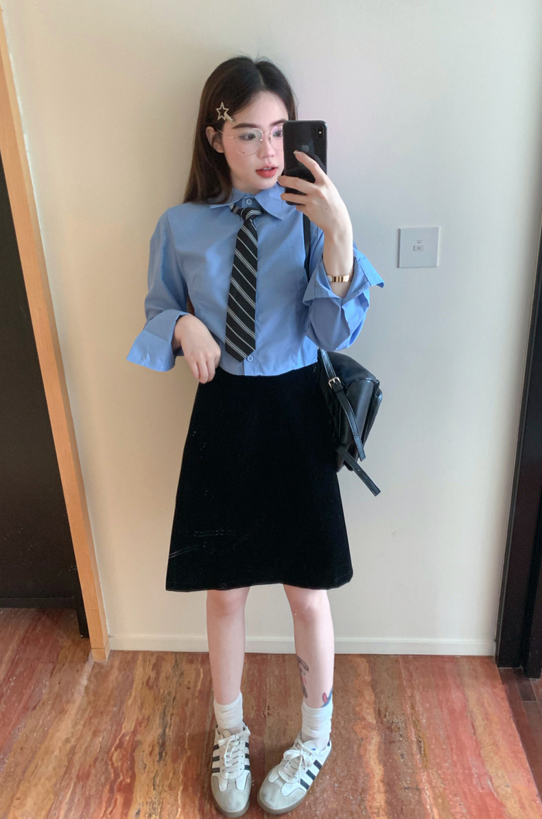 學院風jk制服藍色襯衫女2023新款春秋季設計感修身短款長袖上衣