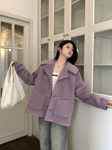 Actual shot of new autumn and winter Korean version versatile solid color basic purple long-sleeved woolen short coat cardigan top for women