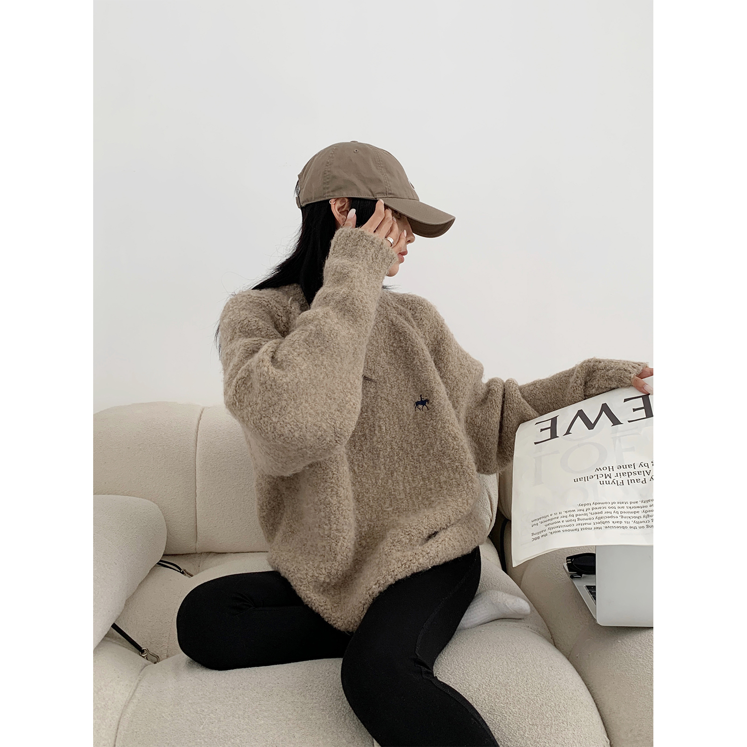 Acestudios oversize圈圈毛刺繡毛衣女2023秋冬新款加厚圓領上衣