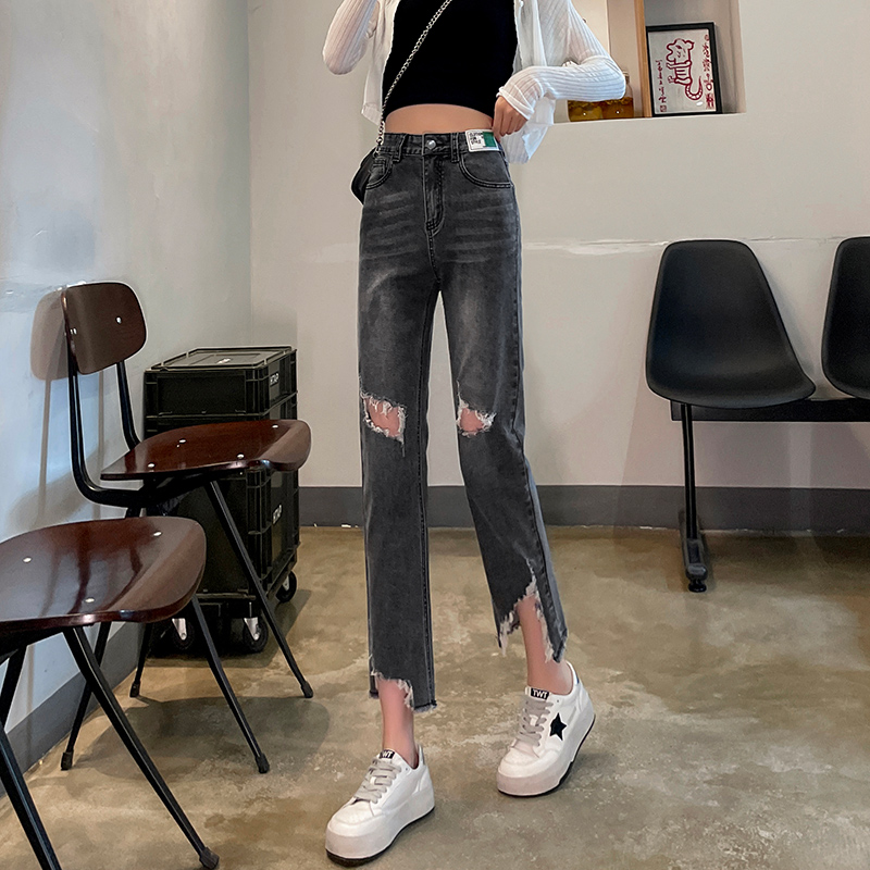 實拍2023秋季時尚直筒破洞毛邊復古牛仔褲女