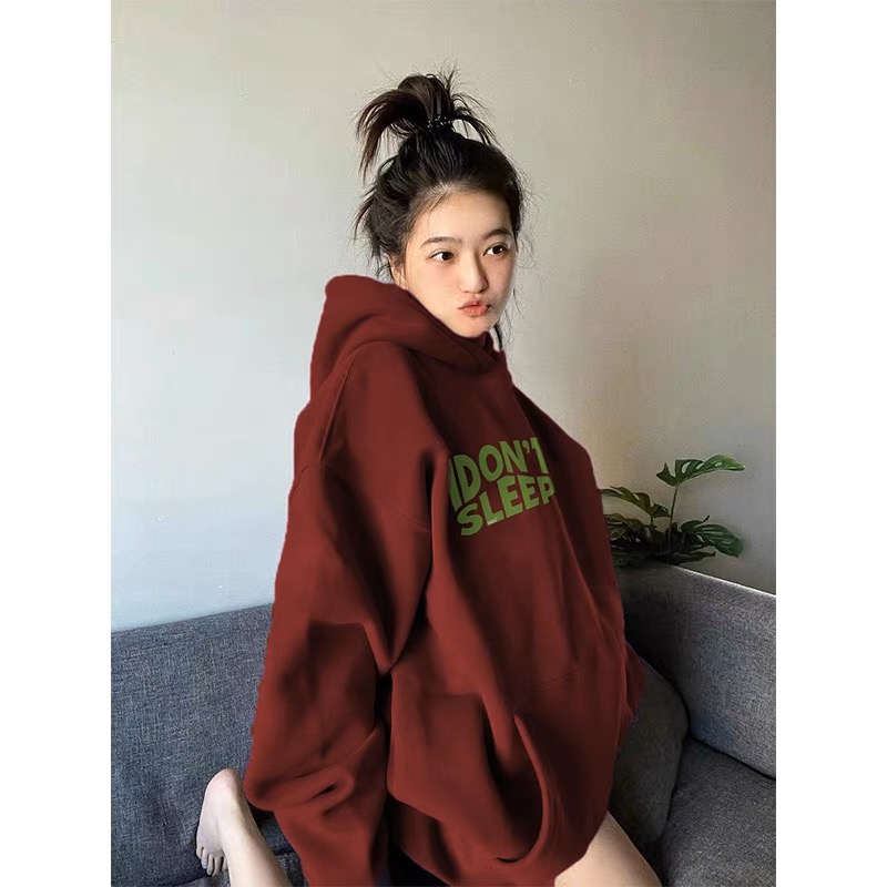 酒紅色美式連帽衛衣女秋冬加絨加厚2023新款高級感超好看上衣