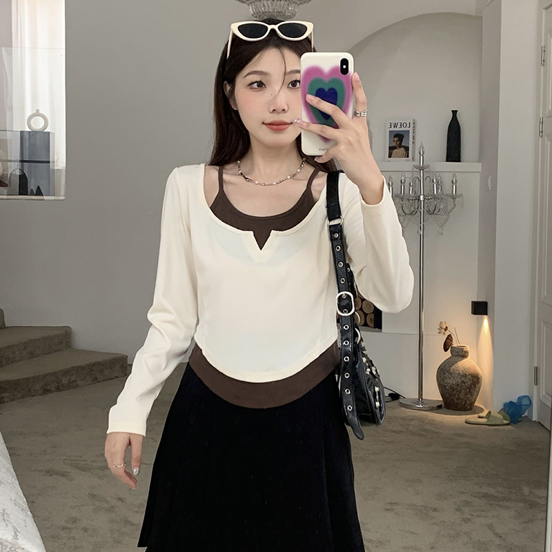 大碼正肩長袖t恤女春夏微胖mm辣妹緊身顯瘦假兩件短款小眾上衣新