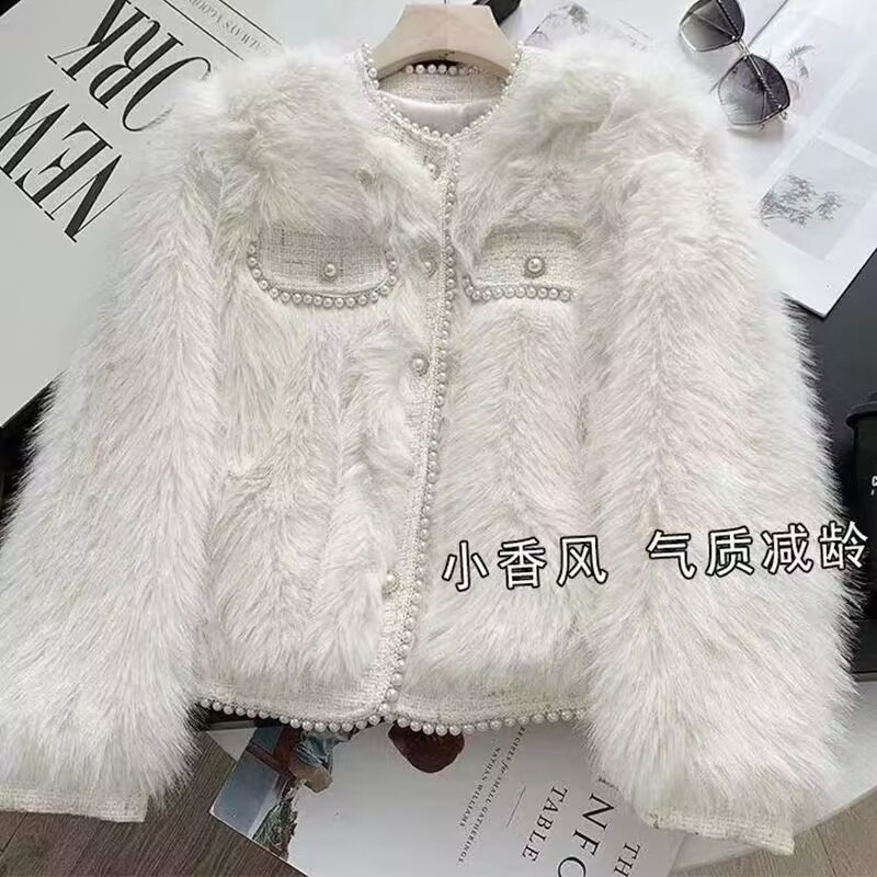 高檔仿狐狸毛皮草外套女秋冬高級感小香風短款棉服時尚珍珠扣上衣