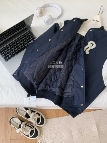 Real shot of  autumn and winter new loose quilted age-reducing small casual versatile baseball uniform jacket for women