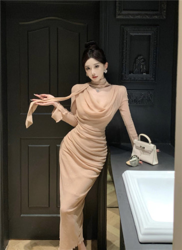 Photographed Shiny Bow Tied Strap Swing Collar Bell Sleeve Cinched Waist Pleated Mid-Length Slimming Dress