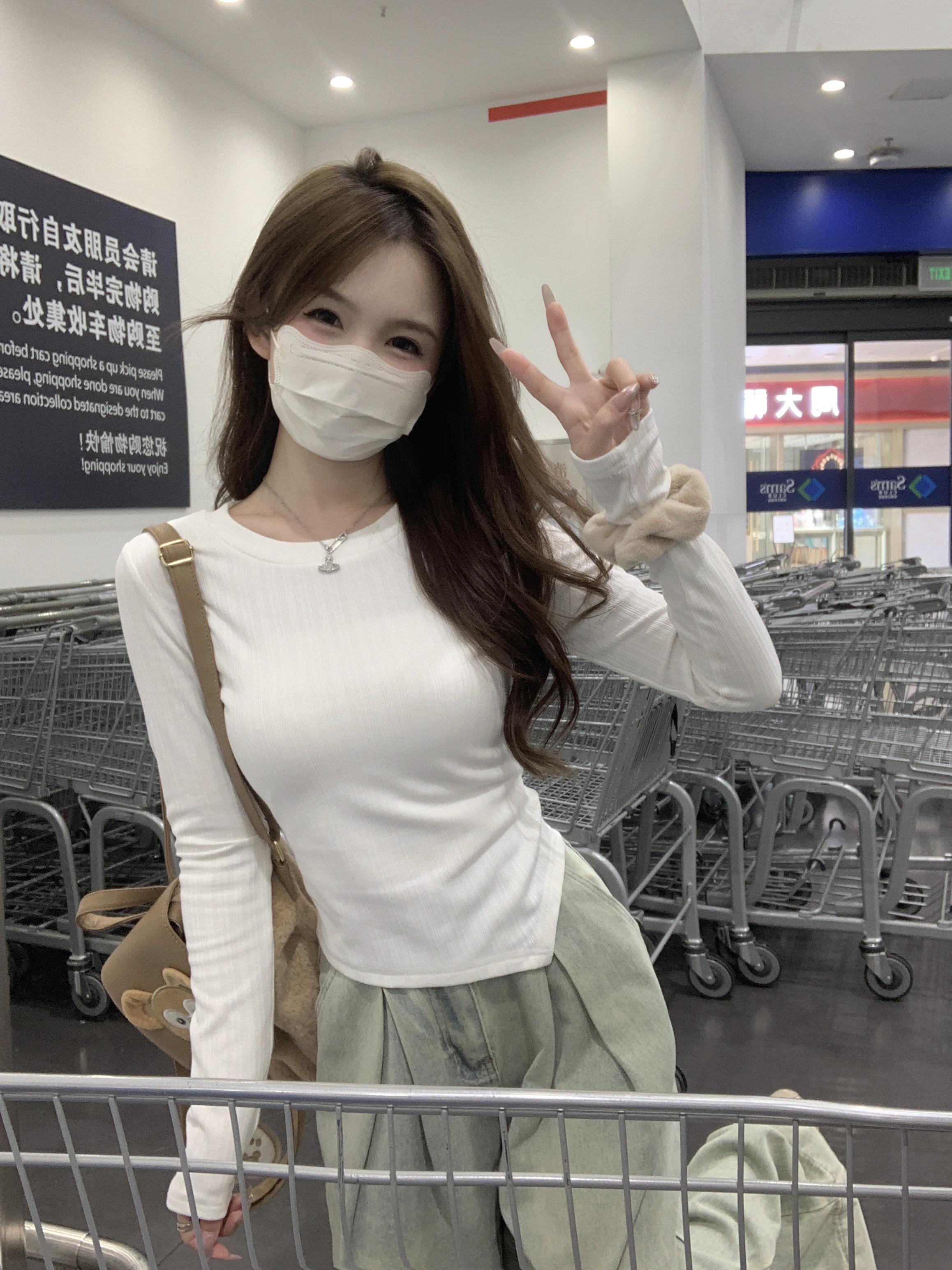 實拍~秋冬新品白色加絨長袖內外搭加厚打底衫設計感長袖上衣