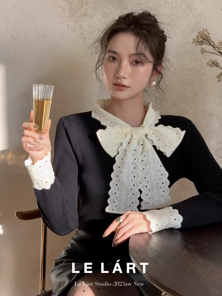 LELART 秋冬時髦法式針織衫顯瘦高級感甜美蕾絲花邊蝴蝶結毛衣女