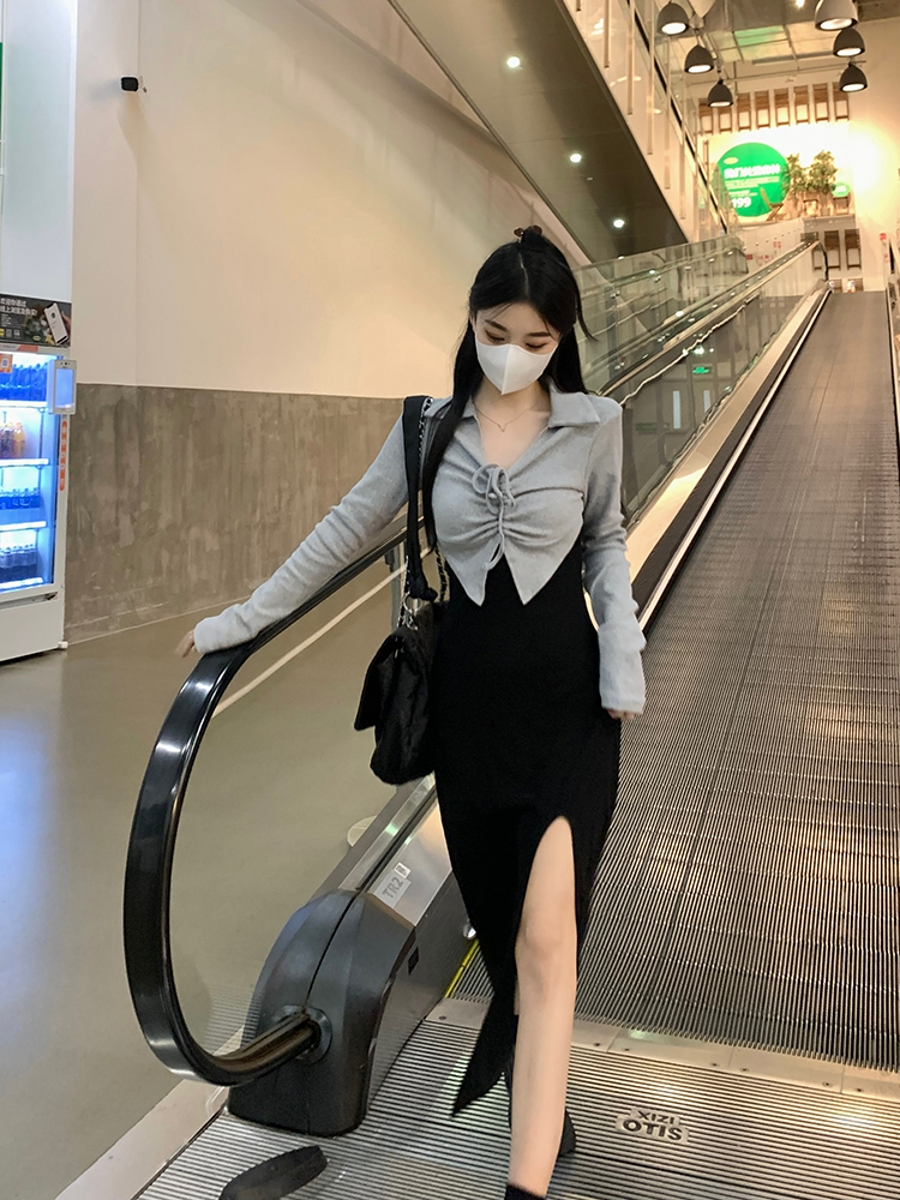 純欲抽皺上衣短外套拼接假兩件長裙子秋季大碼設計開叉修身連衣裙