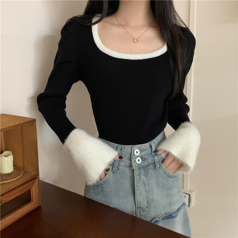 Actual shot of autumn and winter Korean style slim square collar contrasting mink fur splicing trumpet sleeve sweater