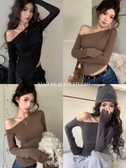 Photographed Pure Desire Sexy Spicy Black Asymmetrical Off-the-Shoulder Long Sleeve T-Shirt Slimming and Body-Concealing Cross-Shoulder Top