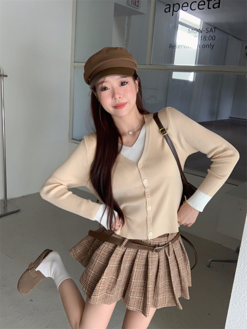 實拍 秋冬韓版修身v領撞色假兩件打底衫針織開衫小外套女毛衣