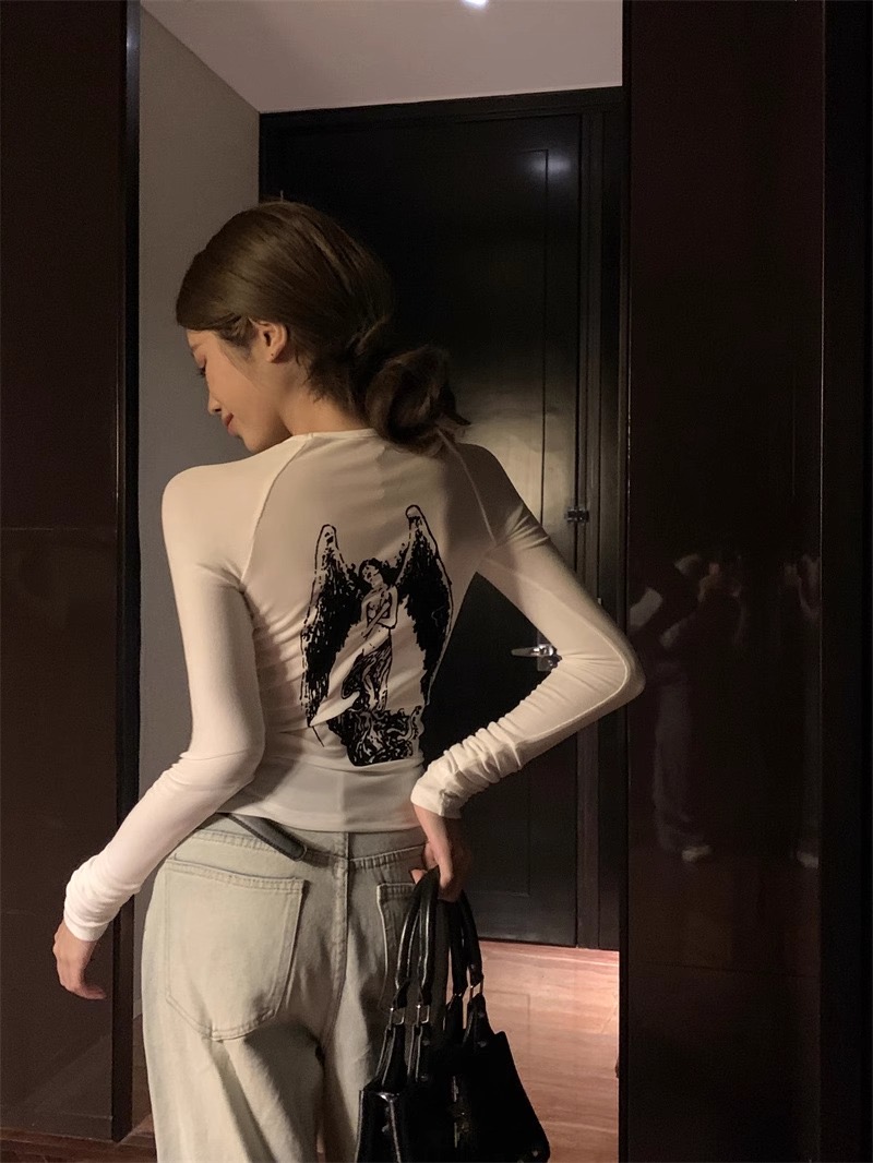 質量 白色天使長袖T恤女秋季辣妹修身打底衫設計感小眾上衣