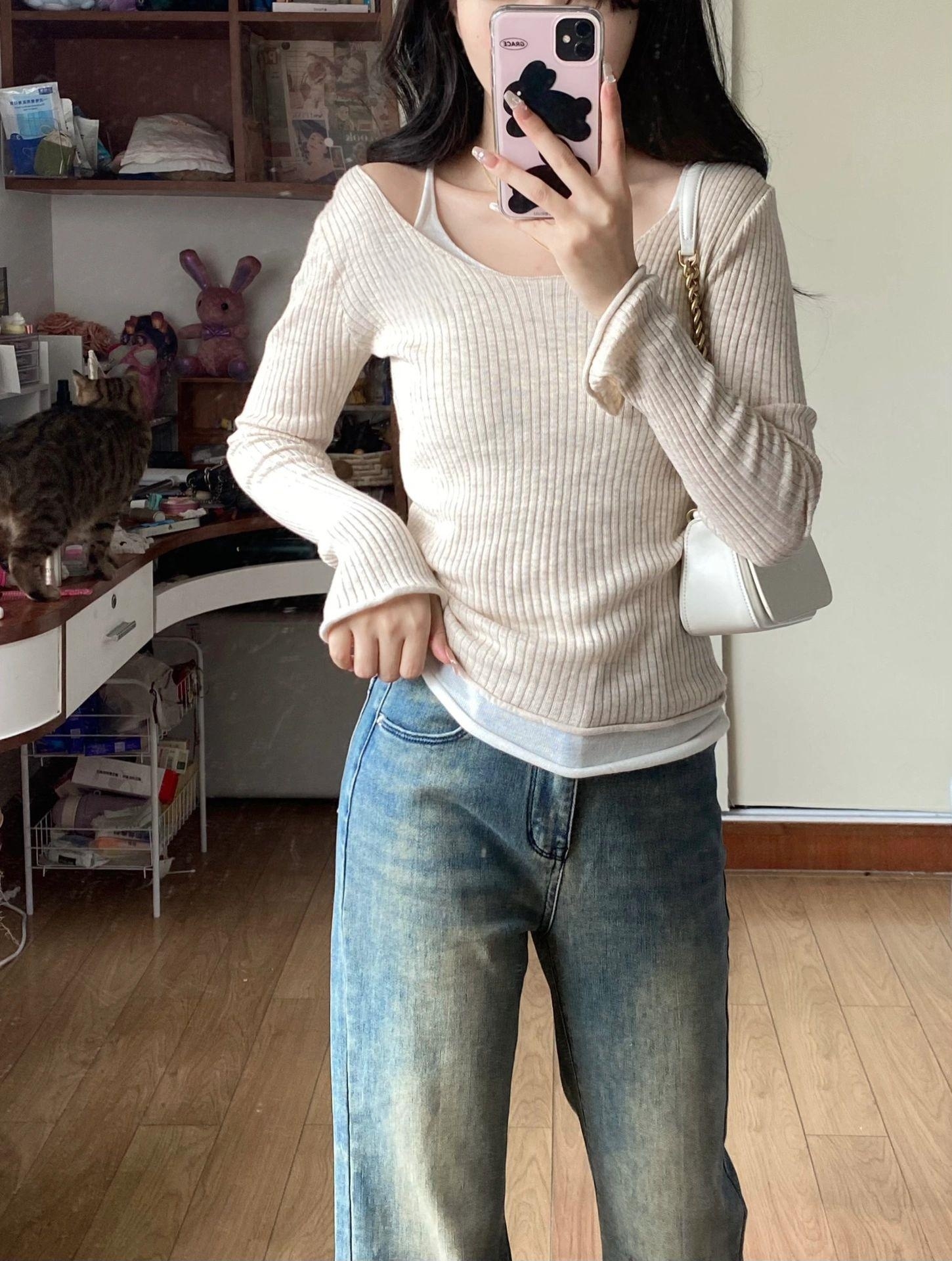 純欲辣妹兩件套露肩針織衫女夏季設計感小眾內搭打底修身短款上衣