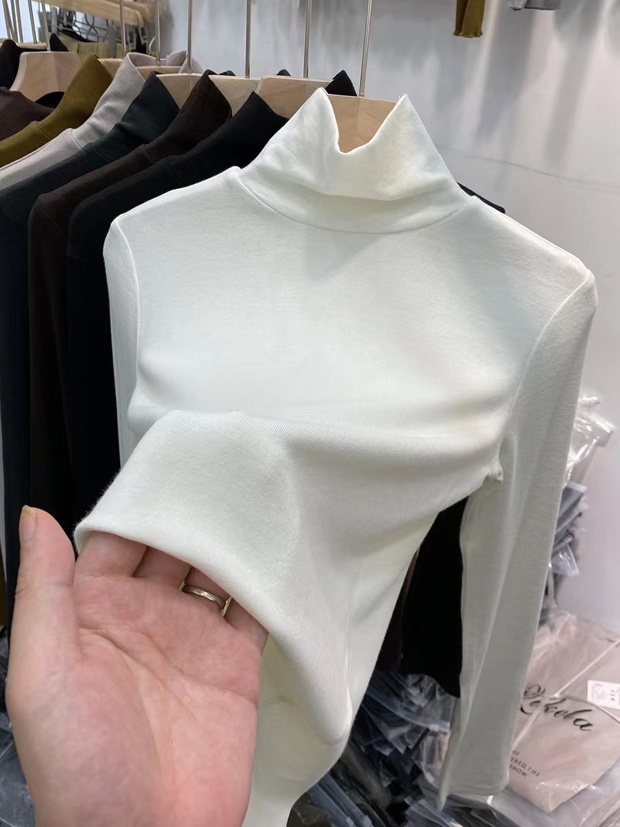 歐貨純色百搭高領長袖T恤女2023秋冬新款洋氣軟糯內搭打底衫上衣
