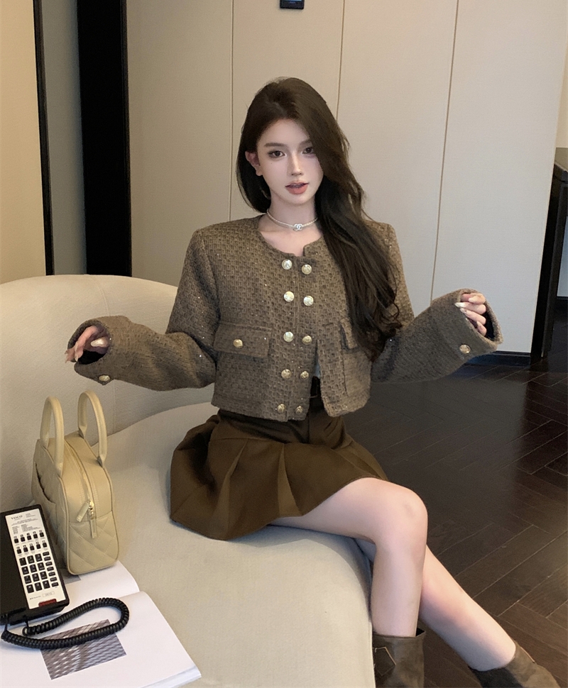 實拍 秋冬法式圓領名媛粗花呢小香風外套上衣+百褶半身裙子女