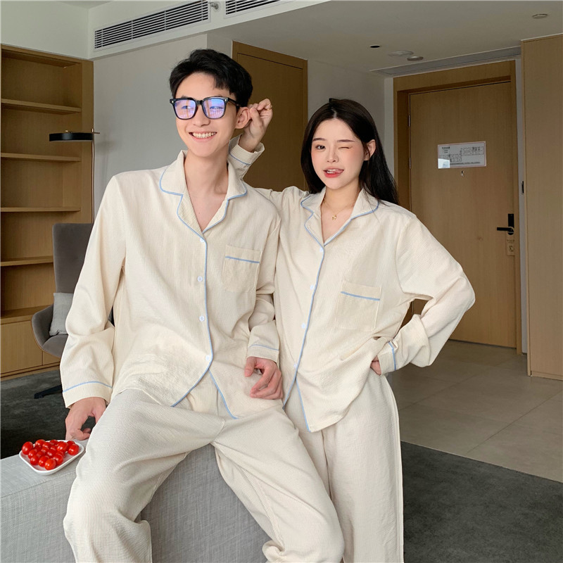 實拍韓版秋冬簡約時尚情侶棉麻條紋寬鬆舒適撞色長袖家居服套