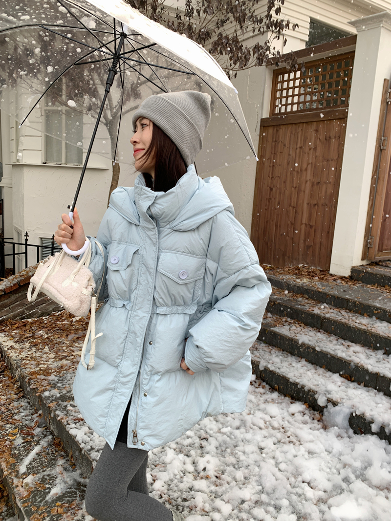 Actual shot of winter hooded waist-cinching down-padded jacket for women, mid-length thickened loose cotton-padded jacket trendy