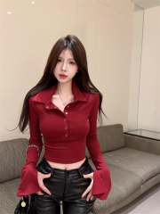 Actual shot ~ Autumn and winter new pure lust sexy tight lapel multi-button slit thickened long-sleeved T-shirt versatile top for women
