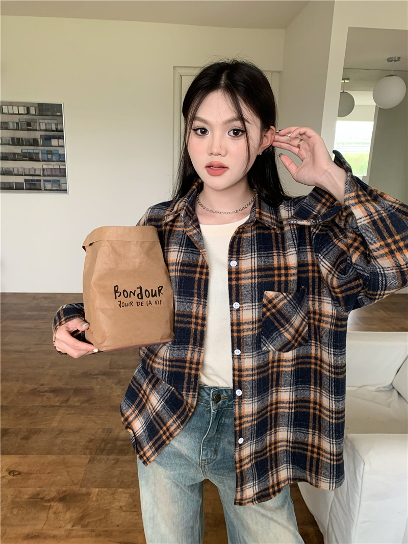 實拍 美拉德秋冬復古格子寬鬆毛呢加厚外套開衫襯衫