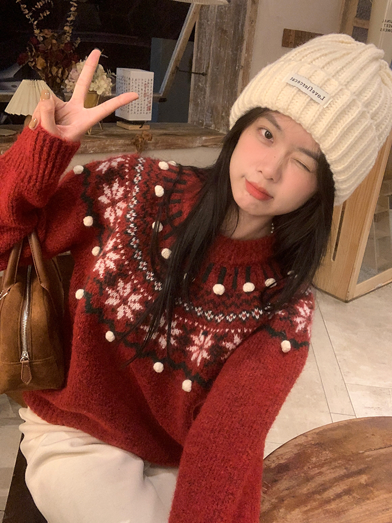 實拍  秋冬新款聖誕風圓領愛心圖案羊毛套頭針織毛衣女