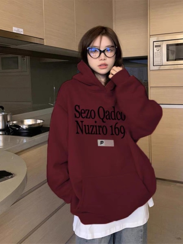 Burgundy American style hooded velvet thickened sweatshirt for women autumn and winter 2023 new trendy brand design top