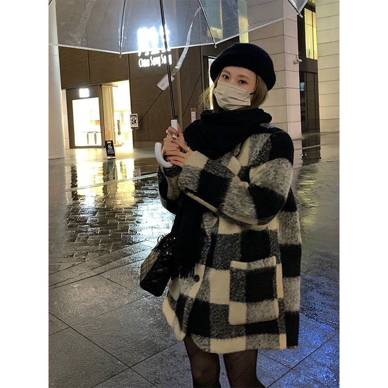 Plaid woolen small fragrant style coat for women autumn and winter new loose slim temperament suit mid-length coat