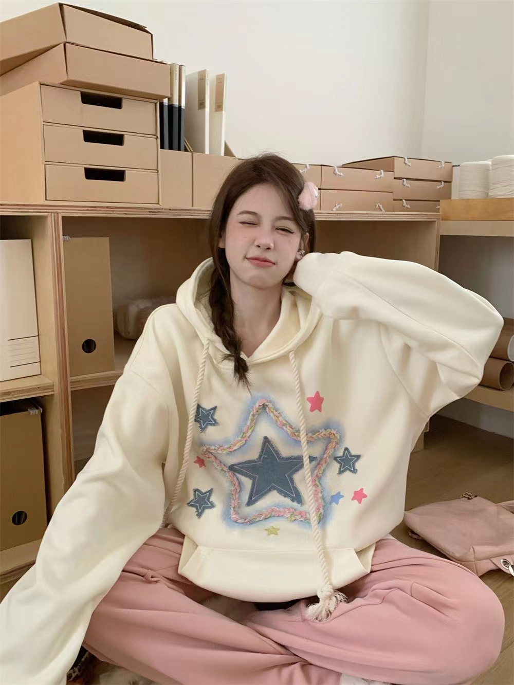 實拍~ 加絨加厚美式刺繡慵懶風寬鬆顯瘦長袖連帽衛衣