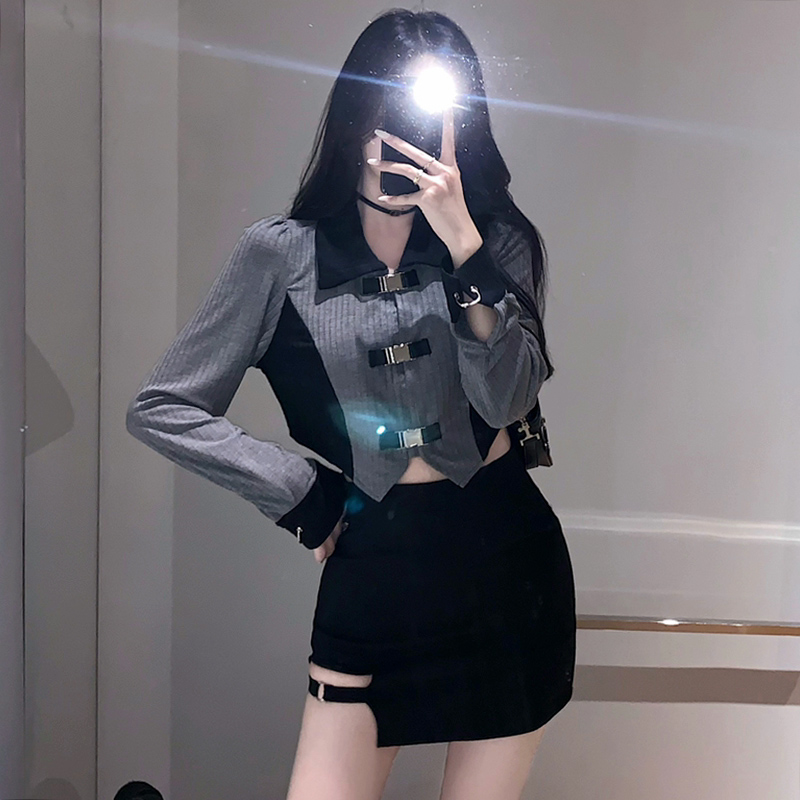 女裝美式秋冬金屬扣Polo領辣妹泡泡袖針織衫不規則短款顯瘦上衣