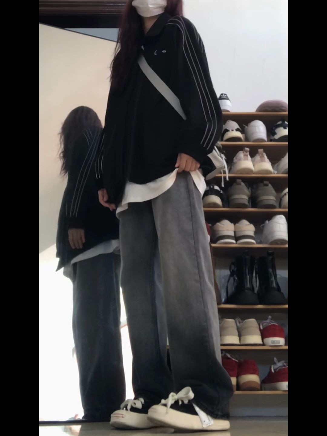 美式復古漸變設計感牛仔褲女新款高腰寬鬆顯瘦闊腿百搭休閒直筒褲