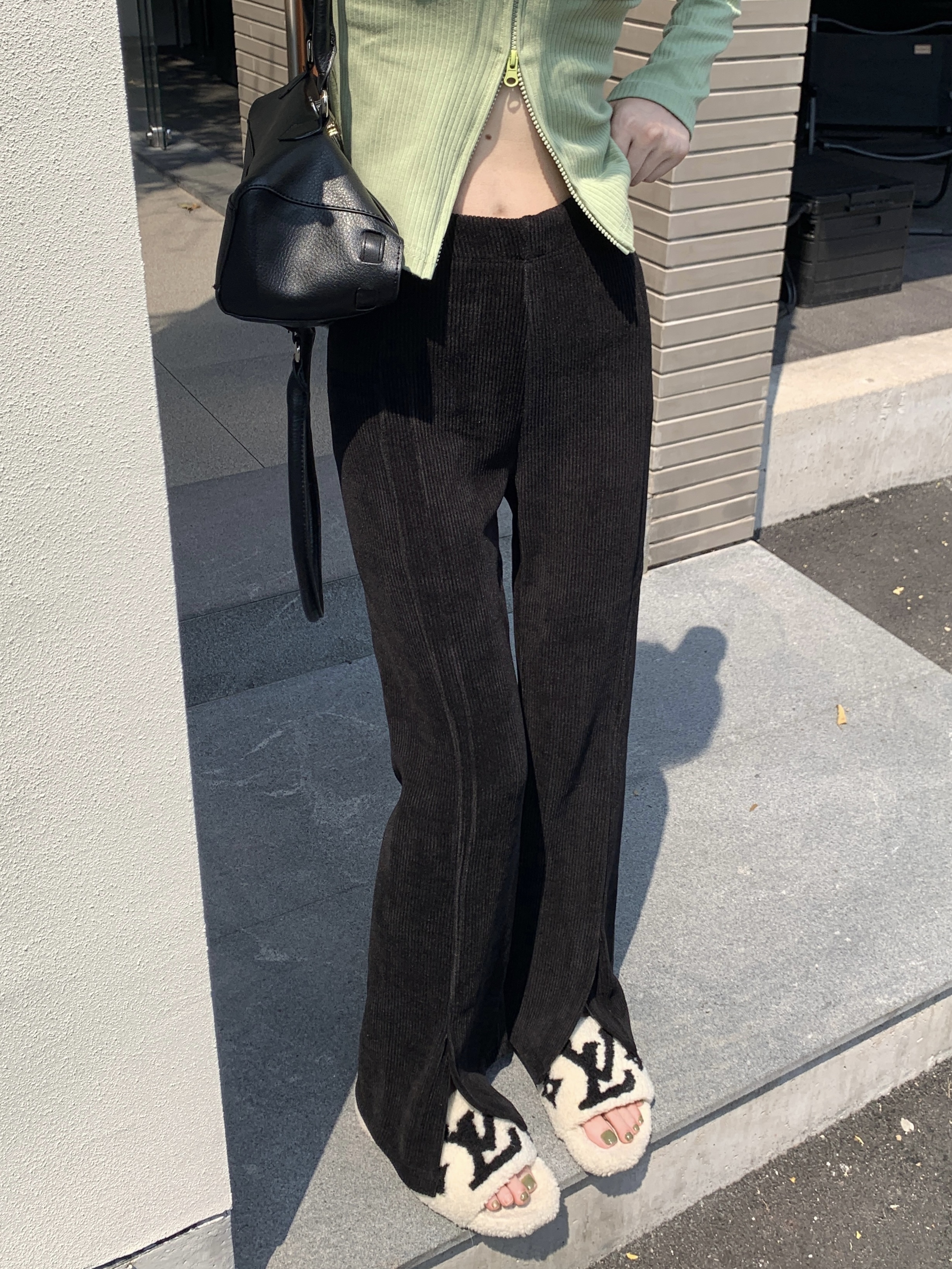 實拍 秋冬加厚細條修身顯瘦長褲鬆緊腰開叉彈力休閒褲褲子