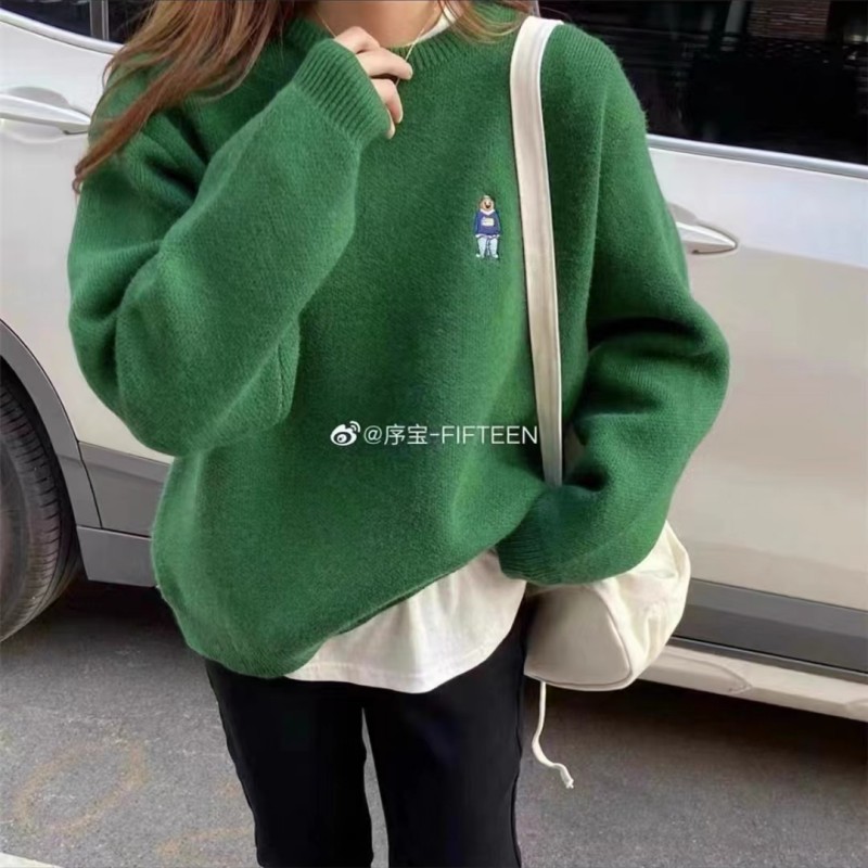 秋冬新款2023韓版ins慵懶風小熊刺繡寬鬆套頭加厚毛衣女上衣潮