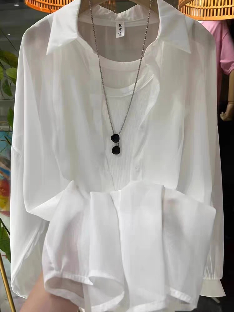 Lightweight and slightly see-through sun protection clothing women's shirt new summer wear long-sleeved chiffon anti-UV pearlescent yarn top
