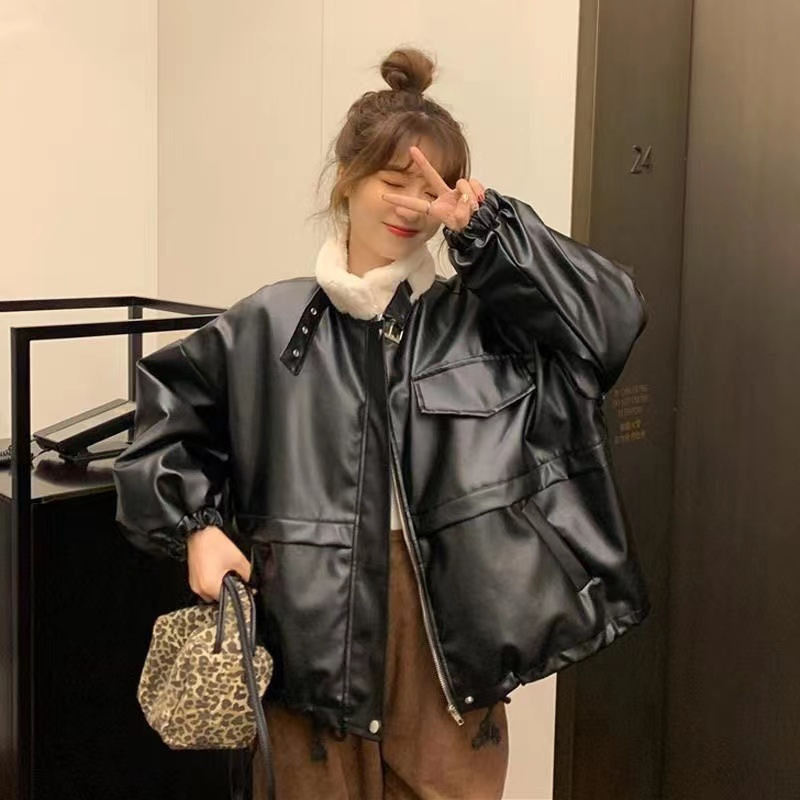 2023 Winter Leather Jacket Korean Style Velvet Thickened Small Loose Stand Collar Motorcycle Wear PU Long Sleeve Jacket for Women