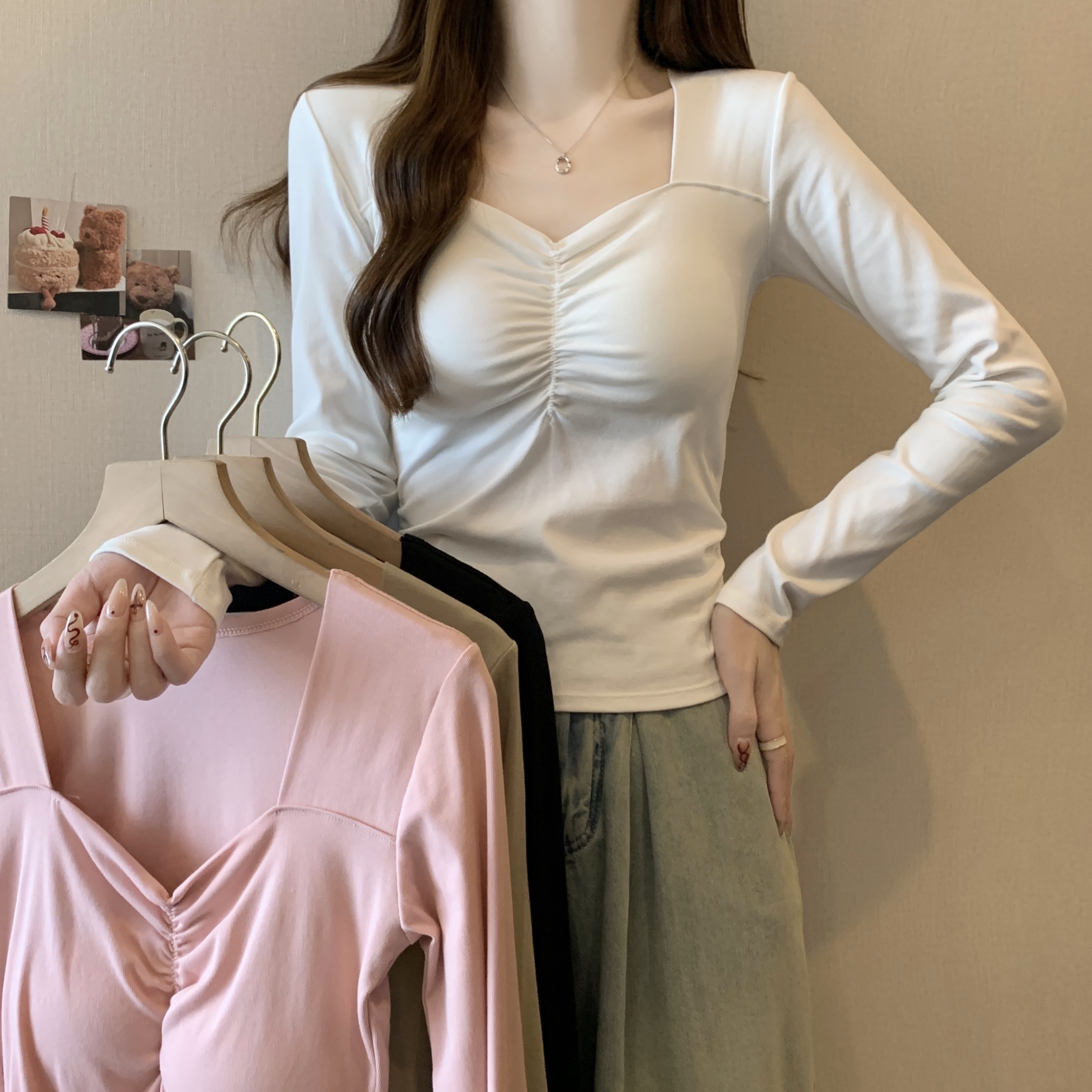 實拍~韓版設計 帶胸墊打底衫長袖t恤女修身顯瘦內搭上衣