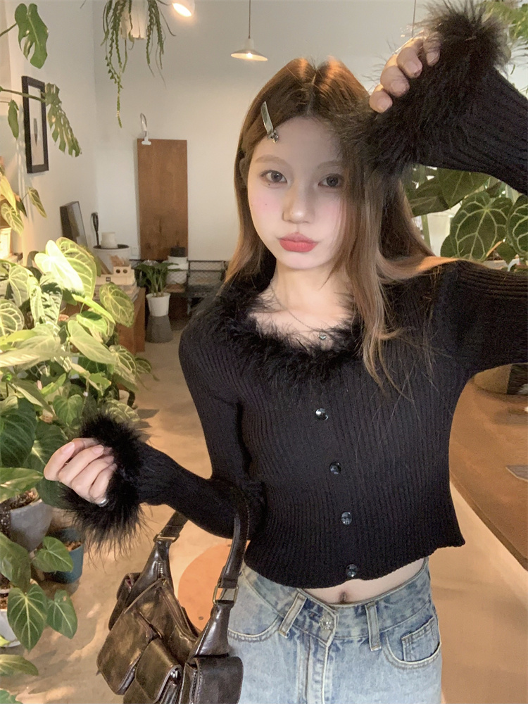 實拍！毛絨絨拼接修身短款針織打底上衣