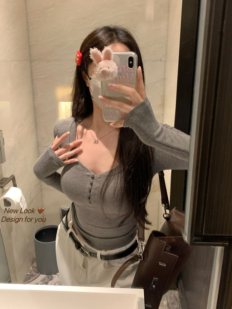 260克莫代爾1*1純欲u型領長袖T恤女秋季2023新款修身打底衫低領