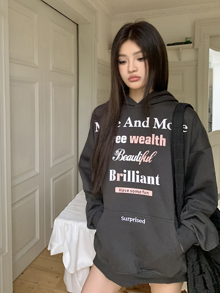 實拍2023秋冬新款標語印花美式衛衣寬鬆外套加絨連帽衫女潮牌上衣