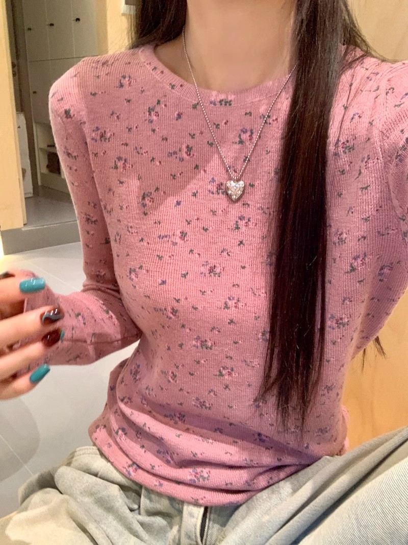 粉色碎花長袖針織衫女春秋設計感小眾修身毛衣內搭打底衫短款上衣