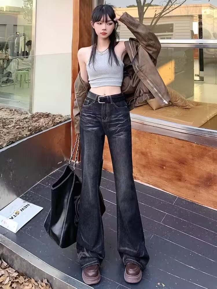 美式高街黑灰色喇叭牛仔褲女秋冬不貼腿寬鬆顯瘦梨形微喇褲子
